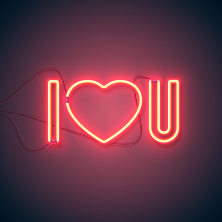 Bright heart. Neon sign. Retro neon I Love You sign on purple background. Design element for Happy Valentine's Day. Ready for your design, greeting card, banner. Vector illustration.のイラスト素材