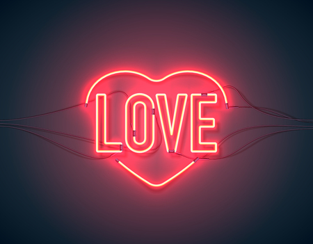 Bright heart. Neon sign. Retro neon heart sign on purple background with word Love. Design element for Happy Valentine's Day. Ready for your design, greeting card, banner. Vector illustration.のイラスト素材