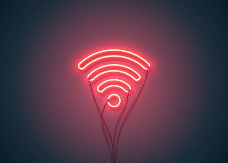 Bright heart. Neon sign. Retro neon sign Wifi Hotspot on purple background. Ready for your design, icon, banner. Vector illustration.のイラスト素材