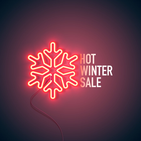 Bright heart. Neon sign. Retro neon Hot Winter Sale sign on purple background. Design element for your discount proposition. Ready for your design, banner. Vector illustration.のイラスト素材