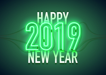 Happy New Year with neon sign 2019 on dark background. Christmas related ornaments objects on color background. Greeting Card Ready for your design. Vector Illustration.のイラスト素材