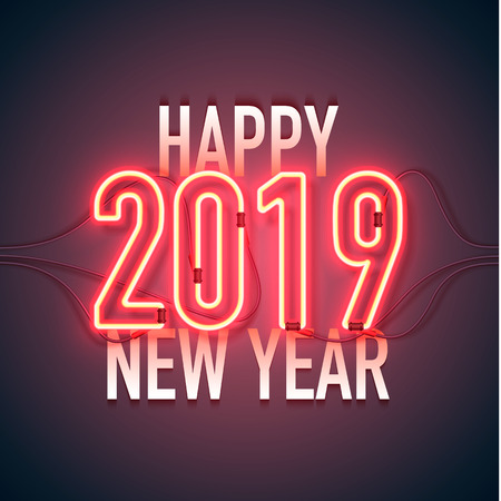 Happy New Year with neon sign 2019 on dark background. Christmas related ornaments objects on color background. Greeting Card Ready for your design. Vector Illustration.のイラスト素材