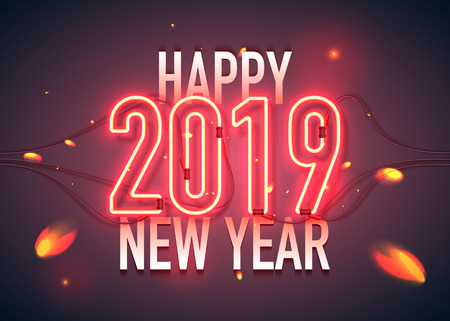 Happy New Year with neon sign 2019 on dark background. Christmas related ornaments objects on color background. Greeting Card Ready for your design. Vector Illustration.のイラスト素材