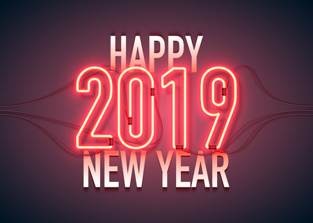 Happy New Year with neon sign 2019 on dark background. Christmas related ornaments objects on color background. Greeting Card Ready for your design. Vector Illustration.のイラスト素材