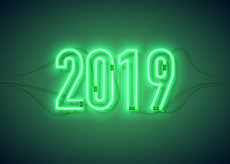 Happy New Year with neon sign 2019 on dark background. Christmas related ornaments objects on color background. Greeting Card Ready for your design. Vector Illustration.のイラスト素材