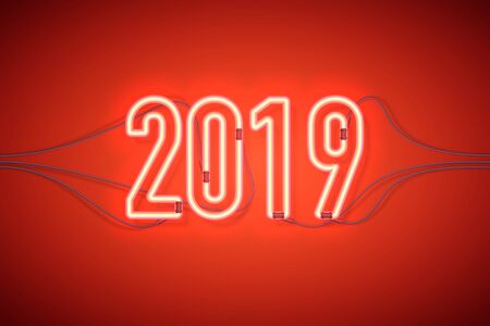 Happy New Year with neon sign 2019 on dark background. Christmas related ornaments objects on color background. Greeting Card Ready for your design. Vector Illustration.のイラスト素材