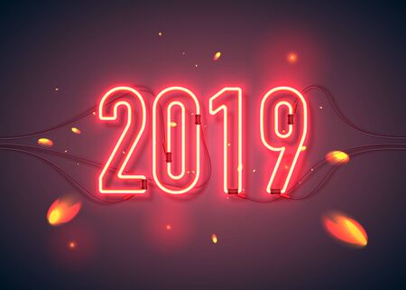 Happy New Year with neon sign 2019 on dark background. Christmas related ornaments objects on color background. Greeting Card Ready for your design. Vector Illustration.のイラスト素材