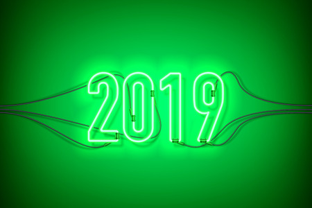 Happy New Year with neon sign 2019 on dark background. Christmas related ornaments objects on color background. Greeting Card Ready for your design. Vector Illustration.のイラスト素材