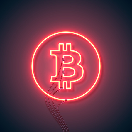 Neon sign. Retro neon sign Bitcoin on purple background. Ready for your design, icon, banner. Vector illustration.のイラスト素材