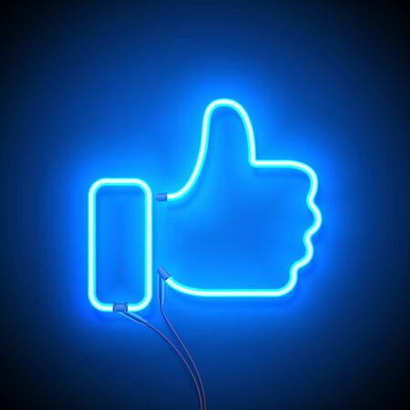 Neon sign. Retro neon sign Like on blue background. Ready for your design, icon, banner. Vector illustration.のイラスト素材