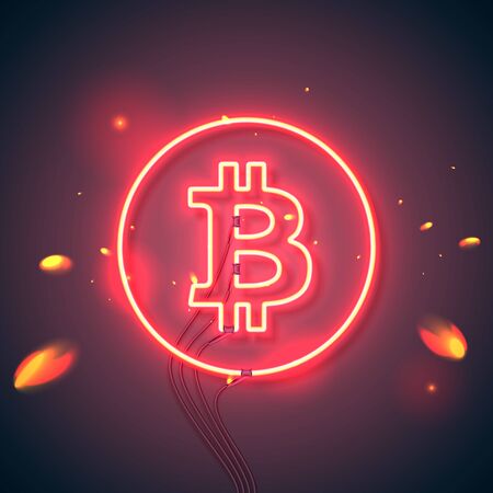Neon sign. Retro neon sign Bitcoin on purple background. Ready for your design, icon, banner. Vector illustration.のイラスト素材