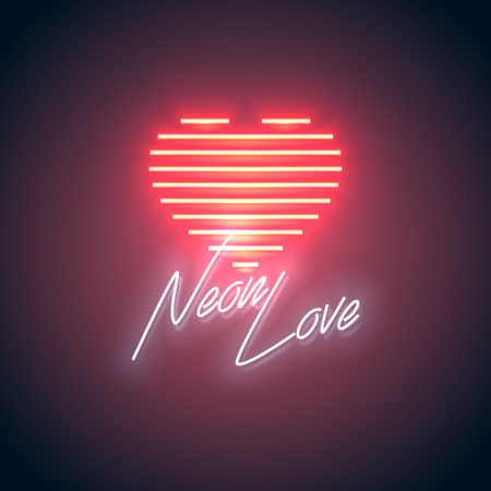 Bright heart. Neon sign. Retro neon heart sign on purple background with word Neon Love. Design element for Happy Valentine's Day. Ready for your design, greeting card, banner. Vector illustration.のイラスト素材
