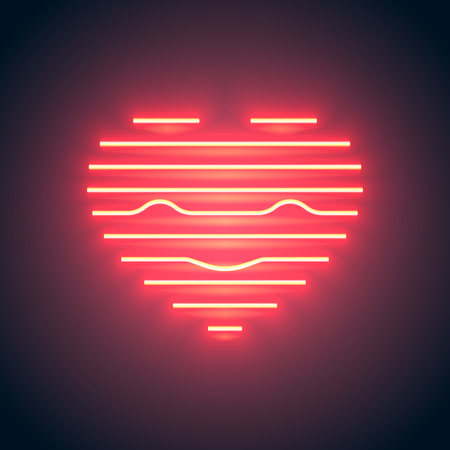 Bright heart. Neon sign. Retro neon heart sign with smile on purple background. Design element for Happy Valentine's Day. Ready for your design, greeting card, banner. Vector illustration.のイラスト素材