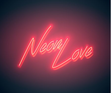 Neon sign. Retro neon sign on purple background with word Neon Love. Design element for Happy Valentine's Day. Ready for your design, greeting card, banner. Vector illustration.のイラスト素材