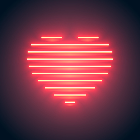 Bright heart. Neon sign. Retro neon heart sign on purple background. Design element for Happy Valentine's Day. Ready for your design, greeting card, banner. Vector illustration.のイラスト素材