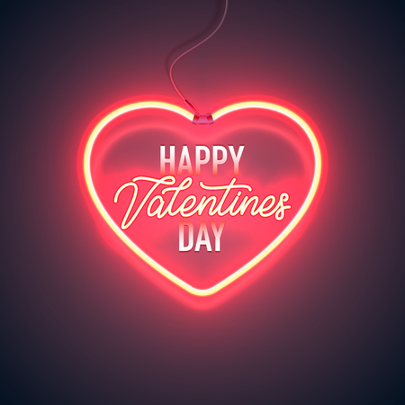 Bright heart. Neon sign. Retro neon heart sign on purple background. Design element for Happy Valentine's Day. Ready for your design, greeting card, banner. Vector illustration.のイラスト素材
