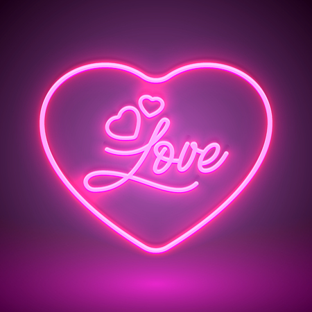 Bright heart. Neon sign. Retro neon heart sign on purple background. Design element for Happy Valentine's Day. Ready for your design, greeting card, banner. Vector illustration.のイラスト素材