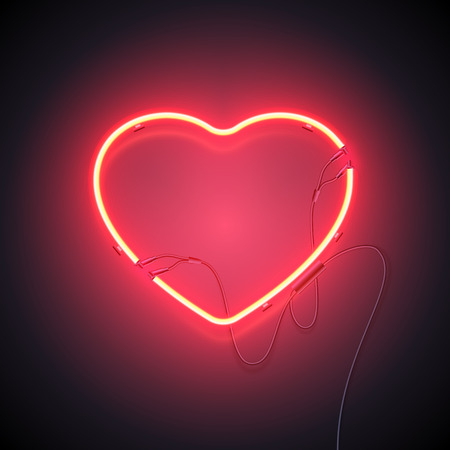 Bright heart. Neon sign. Retro neon heart sign on dark background. Design element for Happy Valentine's Day. Ready for your design, greeting card, banner. Vector illustration.のイラスト素材
