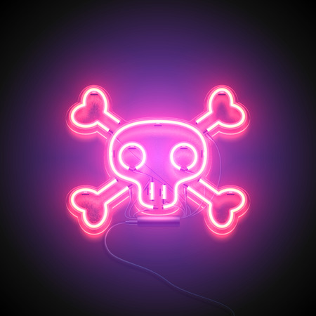 Neon sign. Retro neon Skull signboard on purple background. Design element. Ready for your design. Vector illustration.のイラスト素材