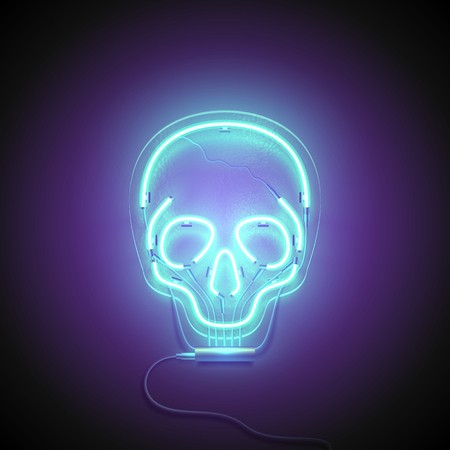 Neon sign. Retro neon Skull signboard on purple background. Design element. Ready for your design. Vector illustration.のイラスト素材