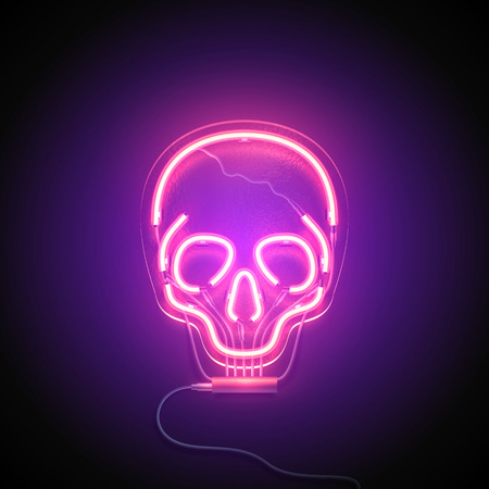 Neon sign. Retro neon Skull signboard on purple background. Design element. Ready for your design. Vector illustration.のイラスト素材