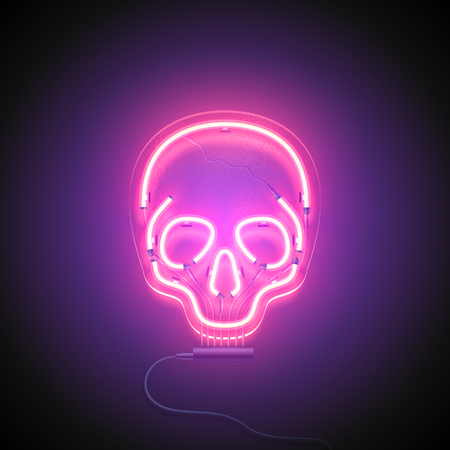 Neon sign. Retro neon Skull signboard on purple background. Design element. Ready for your design. Vector illustration.のイラスト素材