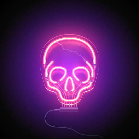 Neon sign. Retro neon Skull signboard on purple background. Design element. Ready for your design. Vector illustration.のイラスト素材