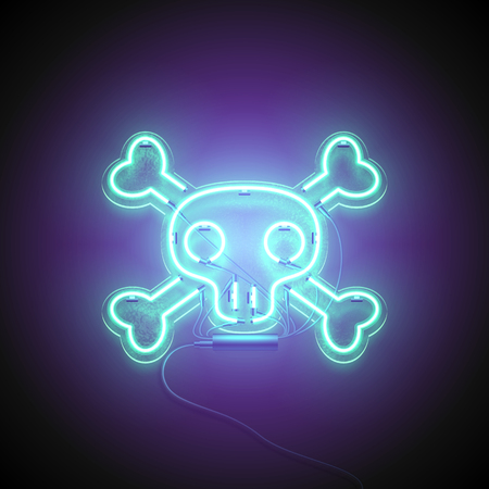Neon sign. Retro neon Skull signboard on purple background. Design element. Ready for your design. Vector illustration.のイラスト素材