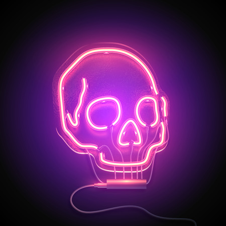 Neon sign. Retro neon Skull signboard on purple background. Design element. Ready for your design. Vector illustration.のイラスト素材