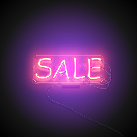 Neon sign. Retro neon Sale sign on purple background. Design element for your discount proposition. Ready for your design, banner. Vector illustration.のイラスト素材