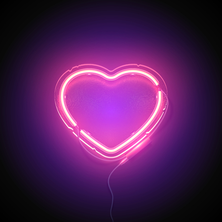 Bright heart. Neon sign. Retro neon heart signboard with word Love on purple background. Design element for Happy Valentine's Day. Ready for your design, greeting card. Vector illustration.のイラスト素材