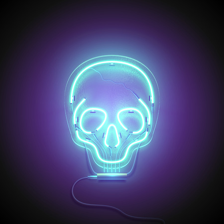 Neon sign. Retro neon Skull signboard on purple background. Design element. Ready for your design. Vector illustration.のイラスト素材