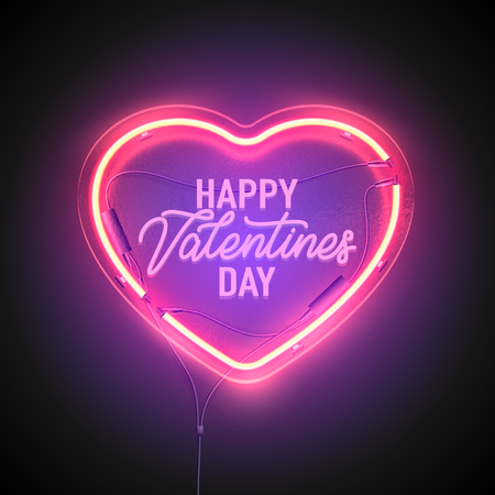 Bright heart. Neon sign. Retro neon heart signboard on dark background. Design element for Happy Valentine's Day. Ready for your design, greeting card, banner. Vector illustration.のイラスト素材