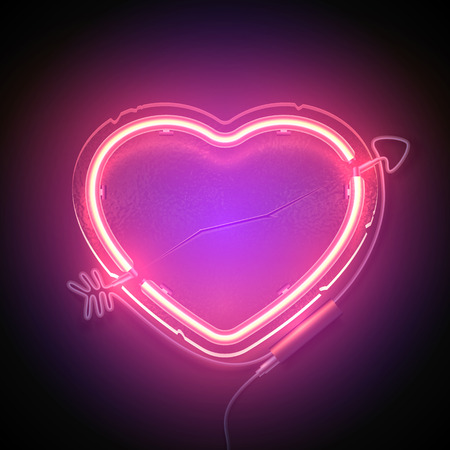 Bright heart. Neon sign. Retro neon heart signboard with word Love on purple background. Design element for Happy Valentine's Day. Ready for your design, greeting card. Vector illustration.のイラスト素材