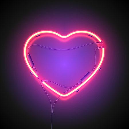 Bright heart. Neon sign. Retro neon heart signboard on dark background. Design element for Happy Valentine's Day. Ready for your design, greeting card, banner. Vector illustration.のイラスト素材