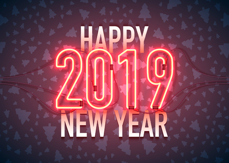 Happy New Year with neon sign 2019 on dark background. Christmas related ornaments objects on color background. Greeting Card Ready for your design. Vector Illustration.のイラスト素材