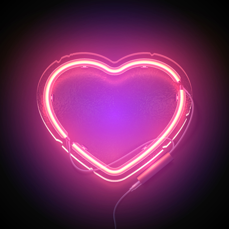 Bright heart. Neon sign. Retro neon heart signboard with word Love on purple background. Design element for Happy Valentine's Day. Ready for your design, greeting card. Vector illustration.のイラスト素材