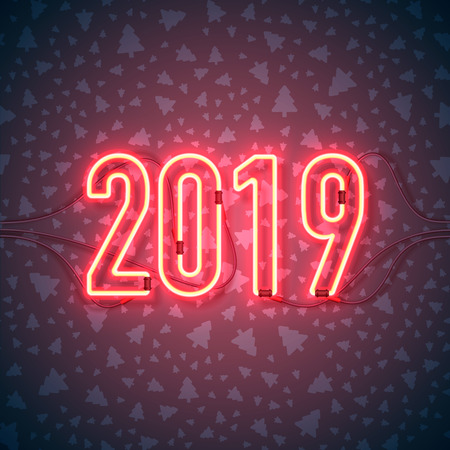 Happy New Year with neon sign 2019 on dark background. Christmas related ornaments objects on color background. Greeting Card Ready for your design. Vector Illustration.のイラスト素材