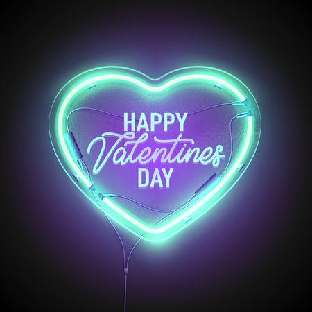 Bright heart. Neon sign. Retro neon heart signboard on dark background. Design element for Happy Valentine's Day. Ready for your design, greeting card, banner. Vector illustration.のイラスト素材