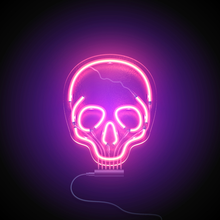 Neon sign. Retro neon Skull signboard on purple background. Design element. Ready for your design. Vector illustration.のイラスト素材