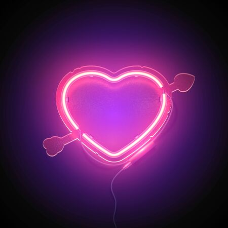 Bright heart. Neon sign. Retro neon heart signboard with word Love on purple background. Design element for Happy Valentine's Day. Ready for your design, greeting card. Vector illustration.の写真素材