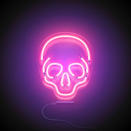 Neon sign. Retro neon Skull signboard on purple background. Design element. Ready for your design. Vector illustration.の写真素材