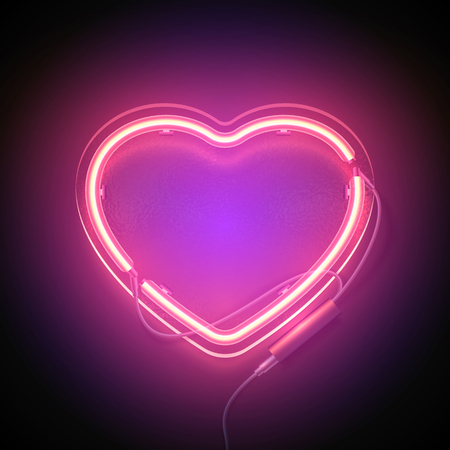 Bright heart. Neon sign. Retro neon heart signboard with word Love on purple background. Design element for Happy Valentine's Day. Ready for your design, greeting card. Vector illustration.のイラスト素材