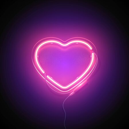 Bright heart. Neon sign. Retro neon heart signboard with word Love on purple background. Design element for Happy Valentine's Day. Ready for your design, greeting card. Vector illustration.の写真素材