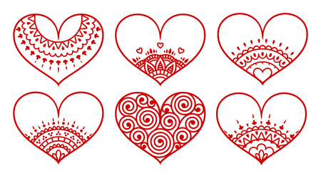 Set of red decorated hearts with ornament on white background. Valentine's day symbolのイラスト素材