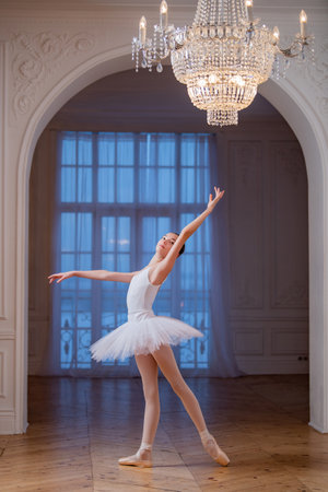Young slender ballerina in a white tutu doing pointe shoes at a ballet bar in a beautiful white hall in front of a mirror.の写真素材