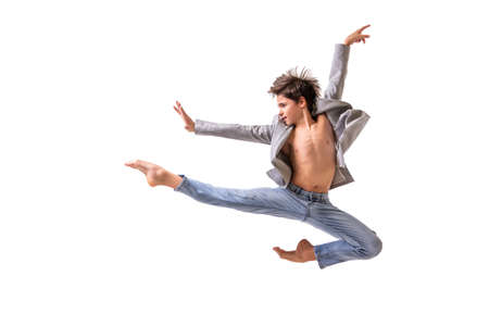 Ballet dancer teenage boy jumping barefoot, isolate on a white background.の写真素材