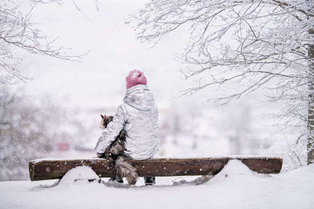 little girl in an embrace with a big cat sitting with her back to the viewer on a bench looking at the snow covered landscape unfolding from the hill.の写真素材