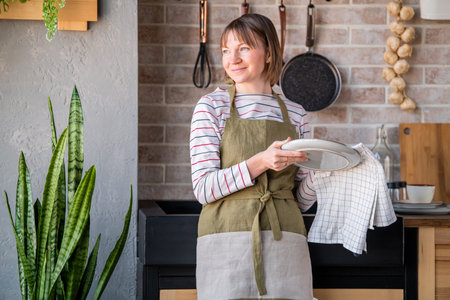 Happy woman in a linen apron standing in the kitchen by the sink wiping a plate with a linen towelの写真素材