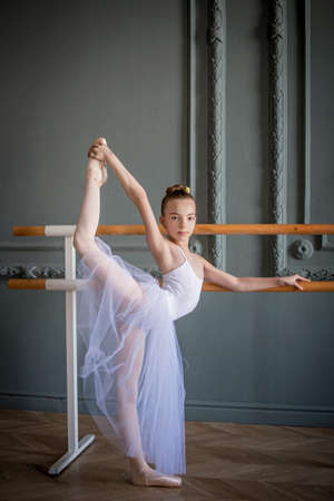 young slender ballerina in a white tutu dances on pointe shoes in a spacious, bright room with large windows.の写真素材